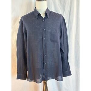 Roccobarocco 100% Linen Shirt Dark Blue Long Sleeve Button Collar Cuff 46 2XL